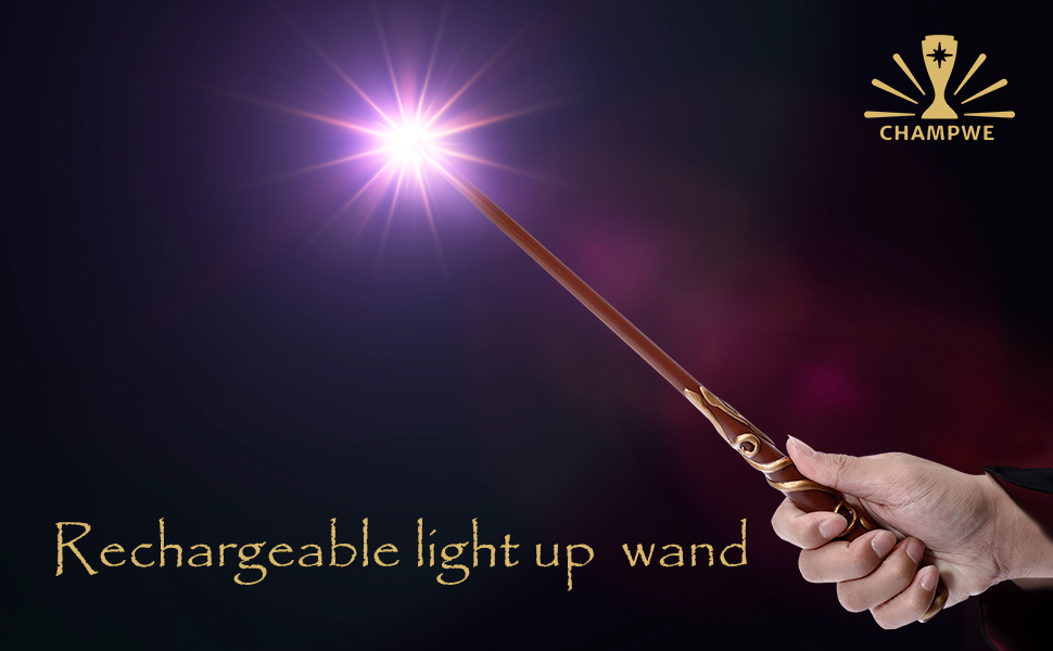ChampWe Light Up Magic Wizard Wand Rechargeable Illuminating Toy for Kids Witch Collection Cosplay Accessories with Spellbook and Gift Box