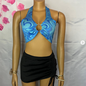 SHEIN low-back ring detail top in blue and white.