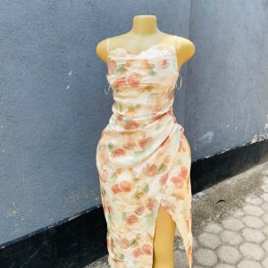Women's Ruched Abstract Print Satin Dress Sleeveless Spaghetti Straps Pineapple High Split Asymmetric Midi Dress for party and meetings.