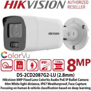 Hikvision 8MP 4K ColorVu Bullet CCTV Camera DS-2CD2087G2-LU (2.8mm) – Full Color Day & Night, Built-in Mic, 40m Light, IP67 PoE