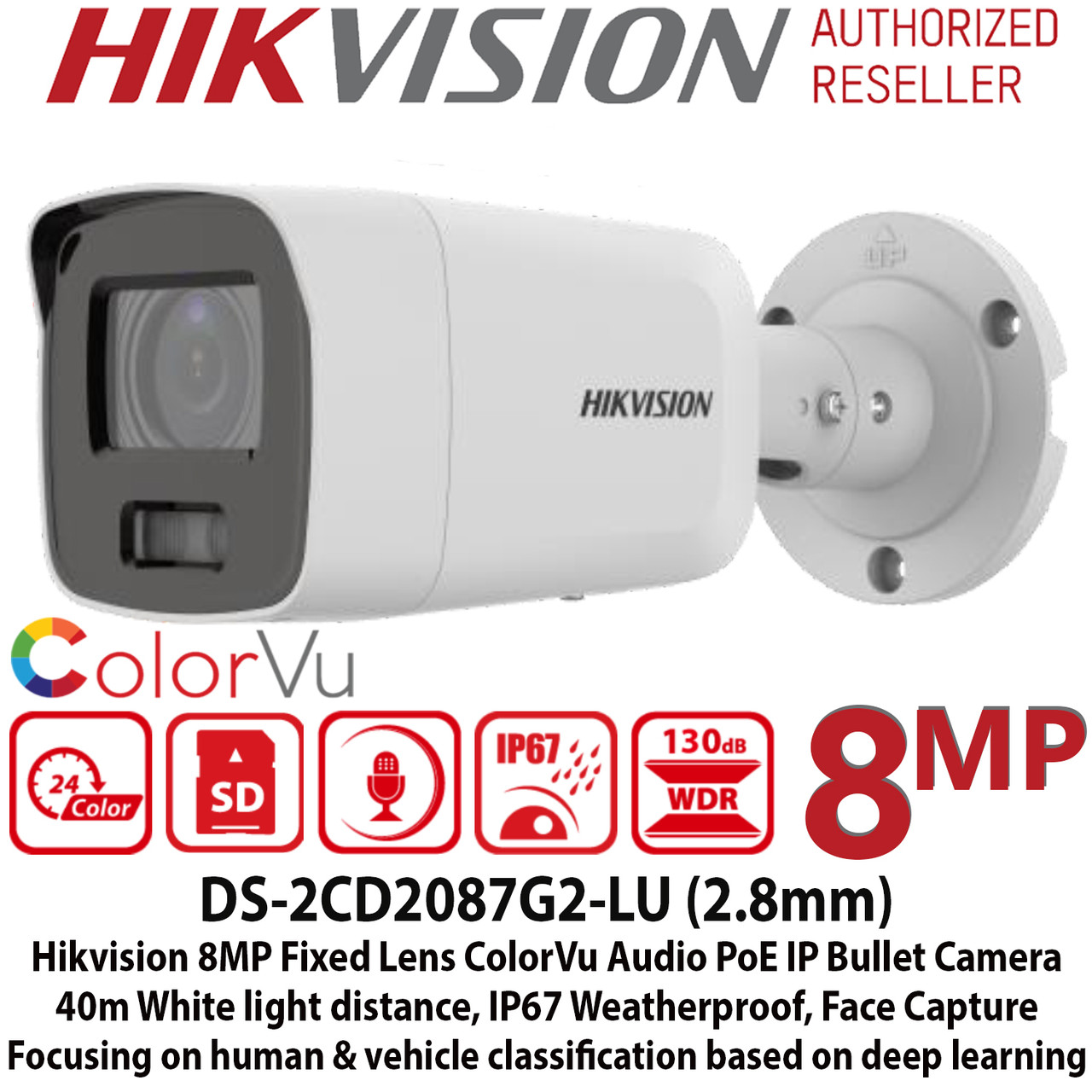 Hikvision 8MP 4K ColorVu Bullet CCTV Camera DS-2CD2087G2-LU (2.8mm) – Full Color Day & Night, Built-in Mic, 40m Light, IP67 PoE