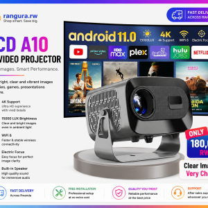 Portable LCD A10 4K projector with bright 15,000 LUX display, Android 11, WiFi 6, electric focus and built-in speaker. Perfect for movies, gaming, presentations and home entertainment.