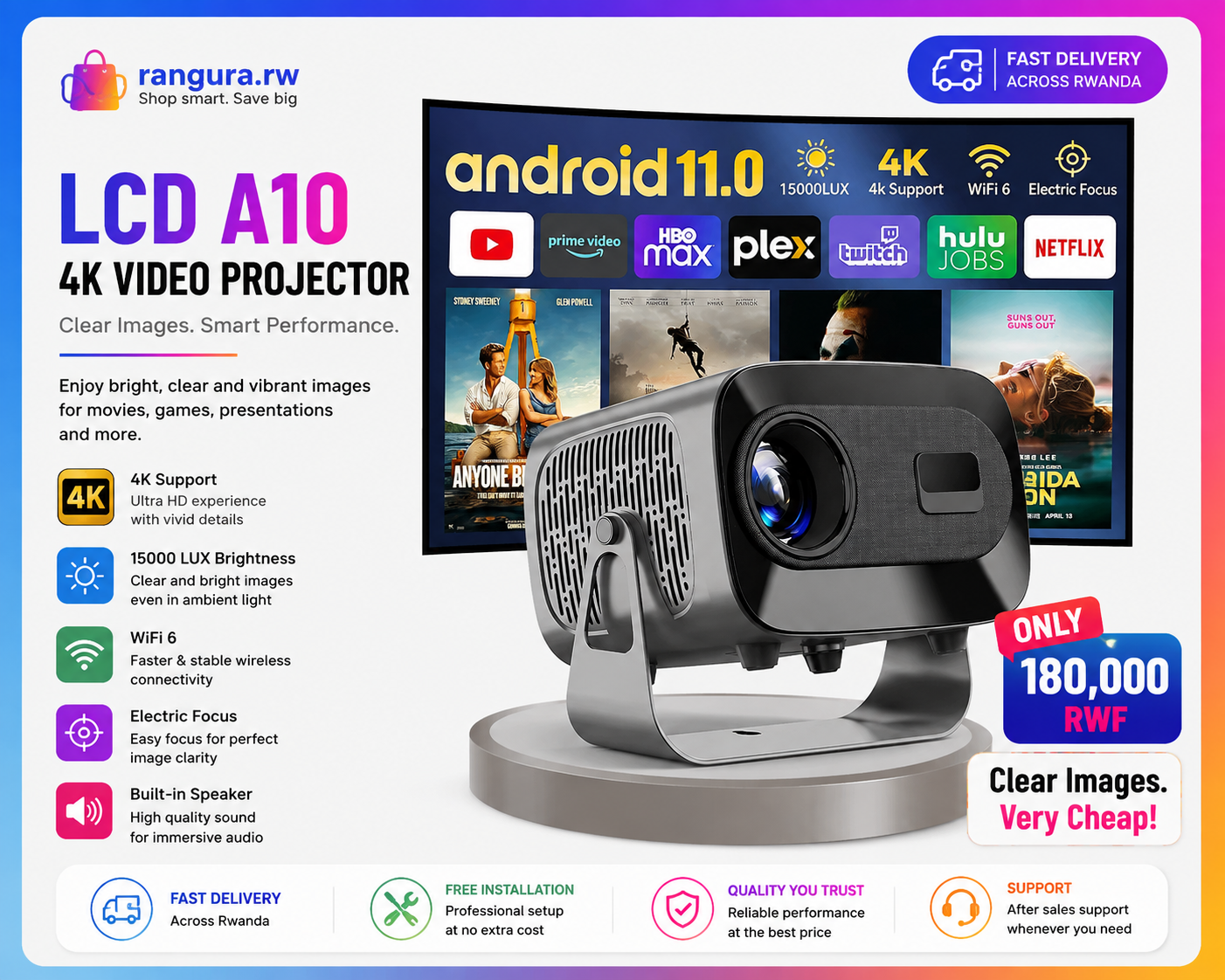 Portable LCD A10 4K projector with bright 15,000 LUX display, Android 11, WiFi 6, electric focus and built-in speaker. Perfect for movies, gaming, presentations and home entertainment.