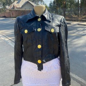 Women's Cropped Black Faux Leather Jacket – Gold Buttons & Utility Pockets