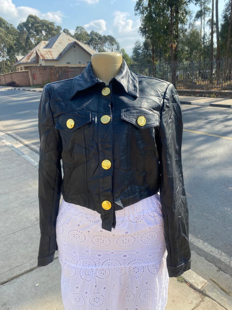 Women's Cropped Black Faux Leather Jacket – Gold Buttons & Utility Pockets