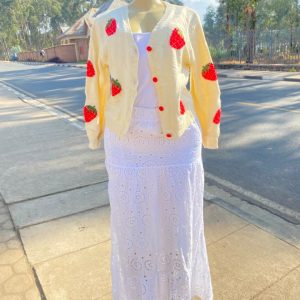 Womens White Dress with Kawaii Strawberry Knit Cropped Sweater Cute Cardigan Aesthetic for Teen Girls Floral Y2k Korean School Uniform Jacket