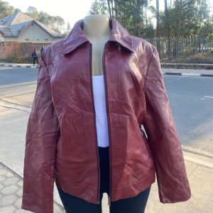 Women’s Burgundy Faux Leather Jacket – Stylish Zip-Up Leather-Look Jacket | Rangura.rw