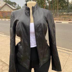 Women's Sleek Black Faux Leather Jacket – Full-Zip Stand Collar Slim-Fit Outerwear