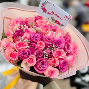 Pink and Purple Rose Bouquet with Baby’s Breath – Welcome Flower Gift in Kigali, Rwanda