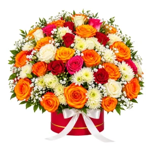 Flower Red, White & Orange Rose and Mum Mixed Flower Bouquet in a Box - Trudy Florist